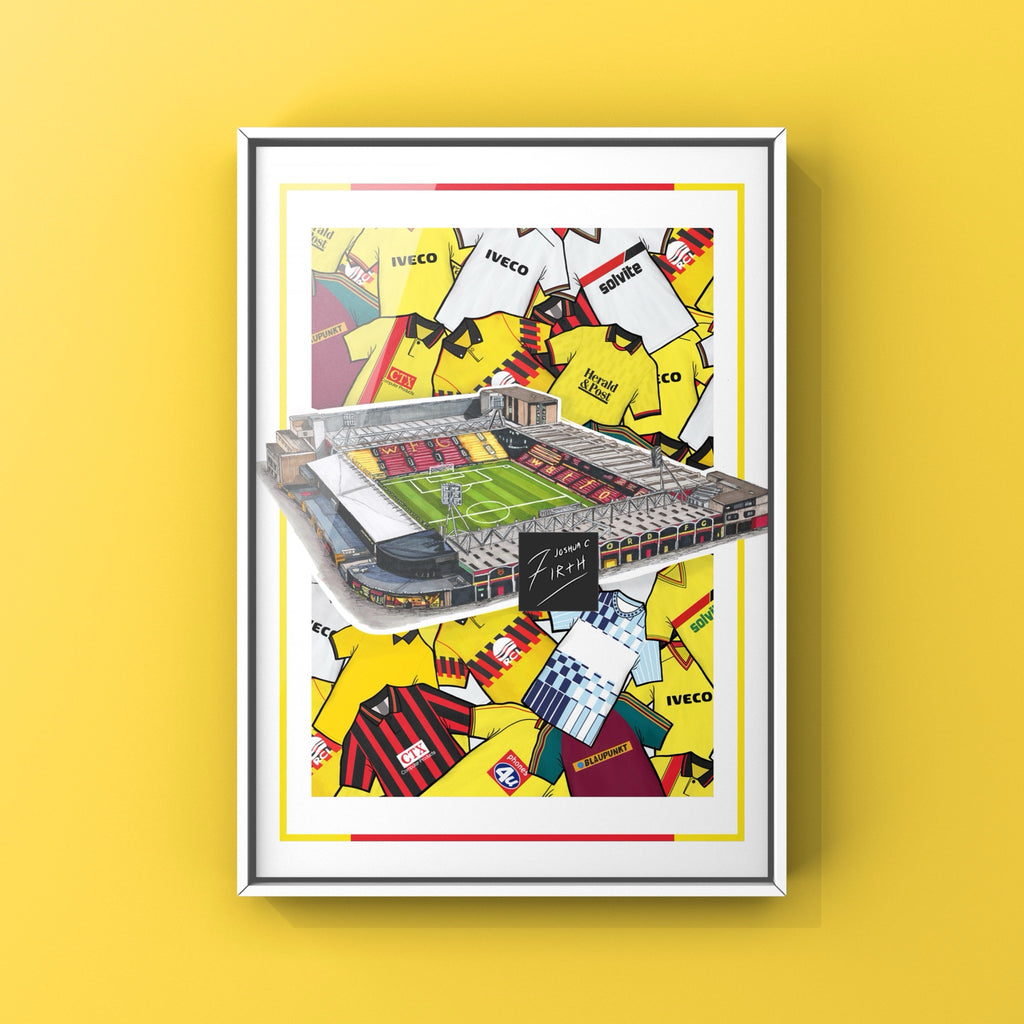 Watford Inspired Collage Retro Shirts Vicarage Road Stadium Football Print, inspired by the past and present of Watford football club 
