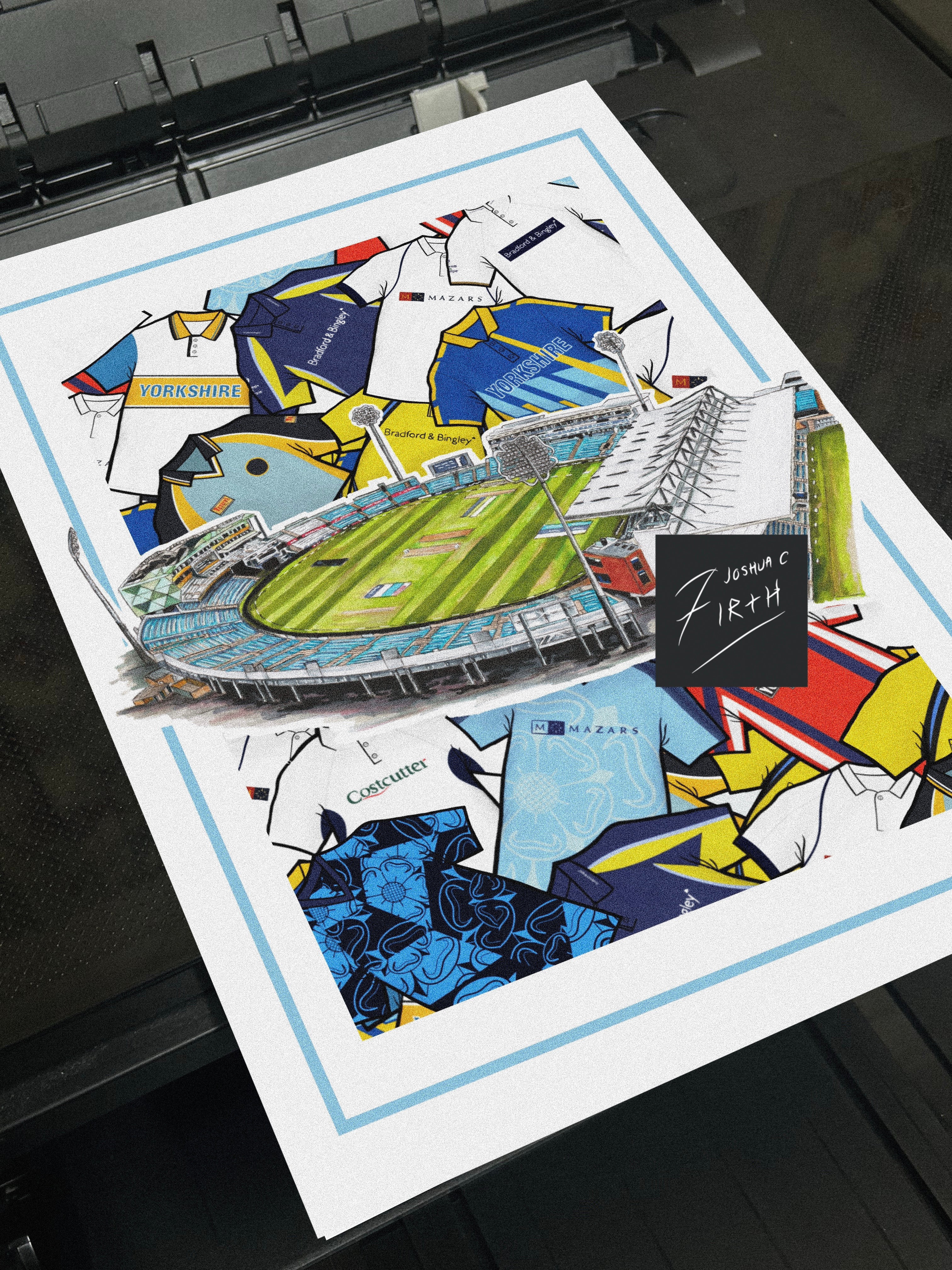 This poster is inspired by the Yorkshire County Cricket Club shirts and Headingley Stadium in Leeds, Yorkshire. 