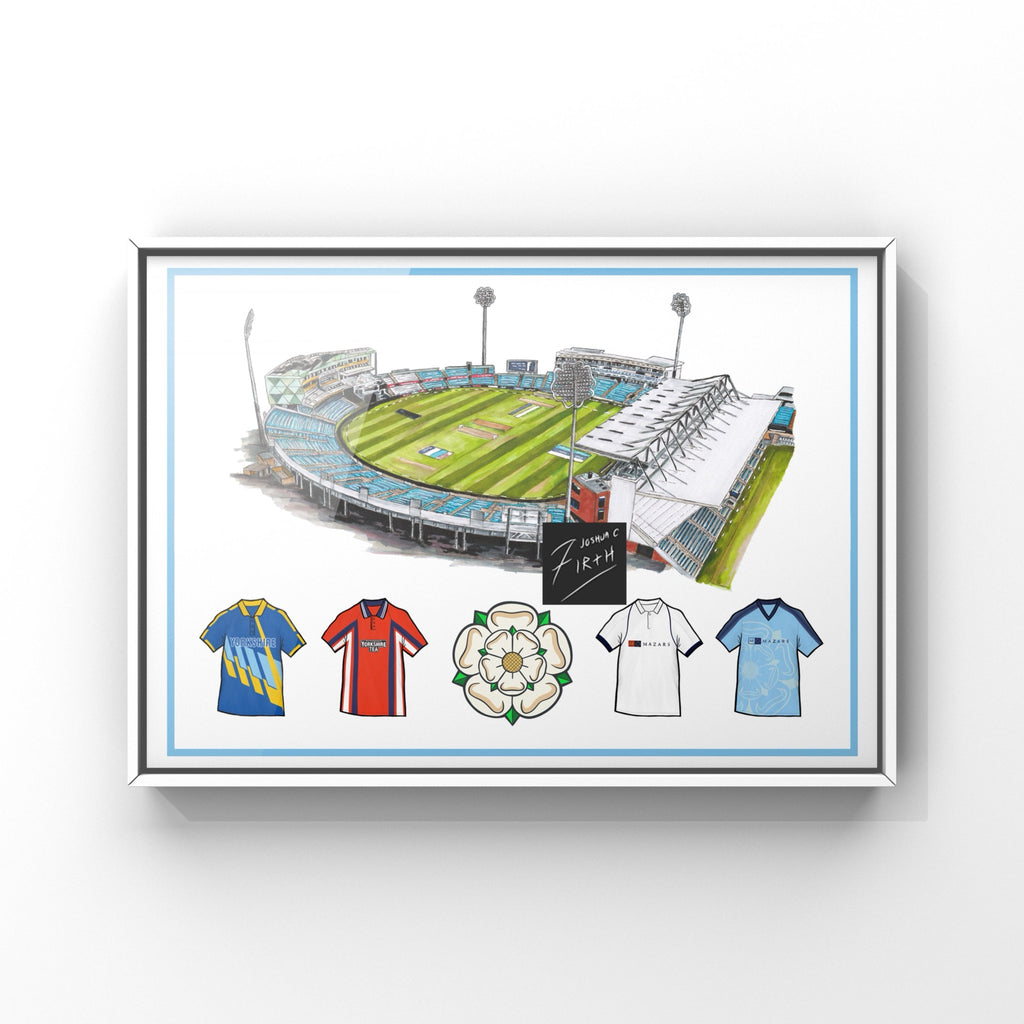 A poster print inspired by the Yorkshire cricket stadium and retro shirts of the past, with a Yorkshire rose at the bottom, classic shirts also at the bottom