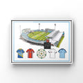 A poster print inspired by the Yorkshire cricket stadium and retro shirts of the past, with a Yorkshire rose at the bottom, classic shirts also at the bottom