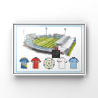 A poster print inspired by the Yorkshire cricket stadium and retro shirts of the past, with a Yorkshire rose at the bottom, classic shirts also at the bottom