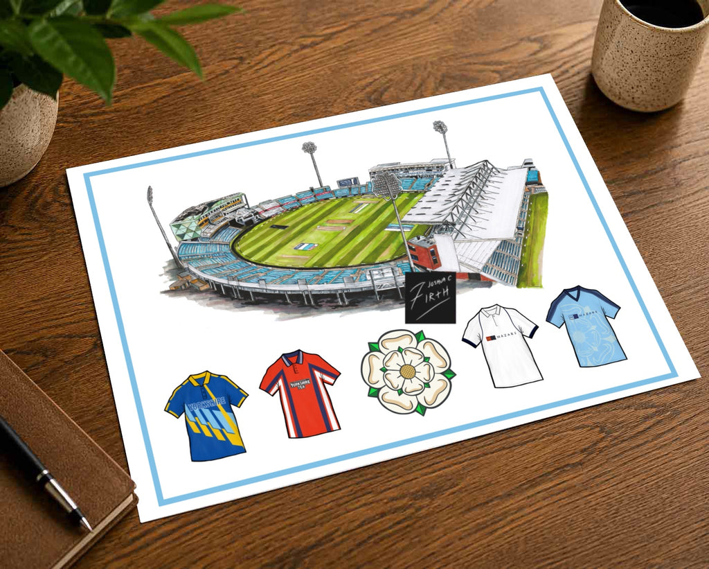 A poster print inspired by the Yorkshire cricket stadium and retro shirts of the past, with a Yorkshire rose at the bottom, classic shirts also at the bottom
