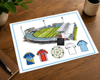 A poster print inspired by the Yorkshire cricket stadium and retro shirts of the past, with a Yorkshire rose at the bottom, classic shirts also at the bottom