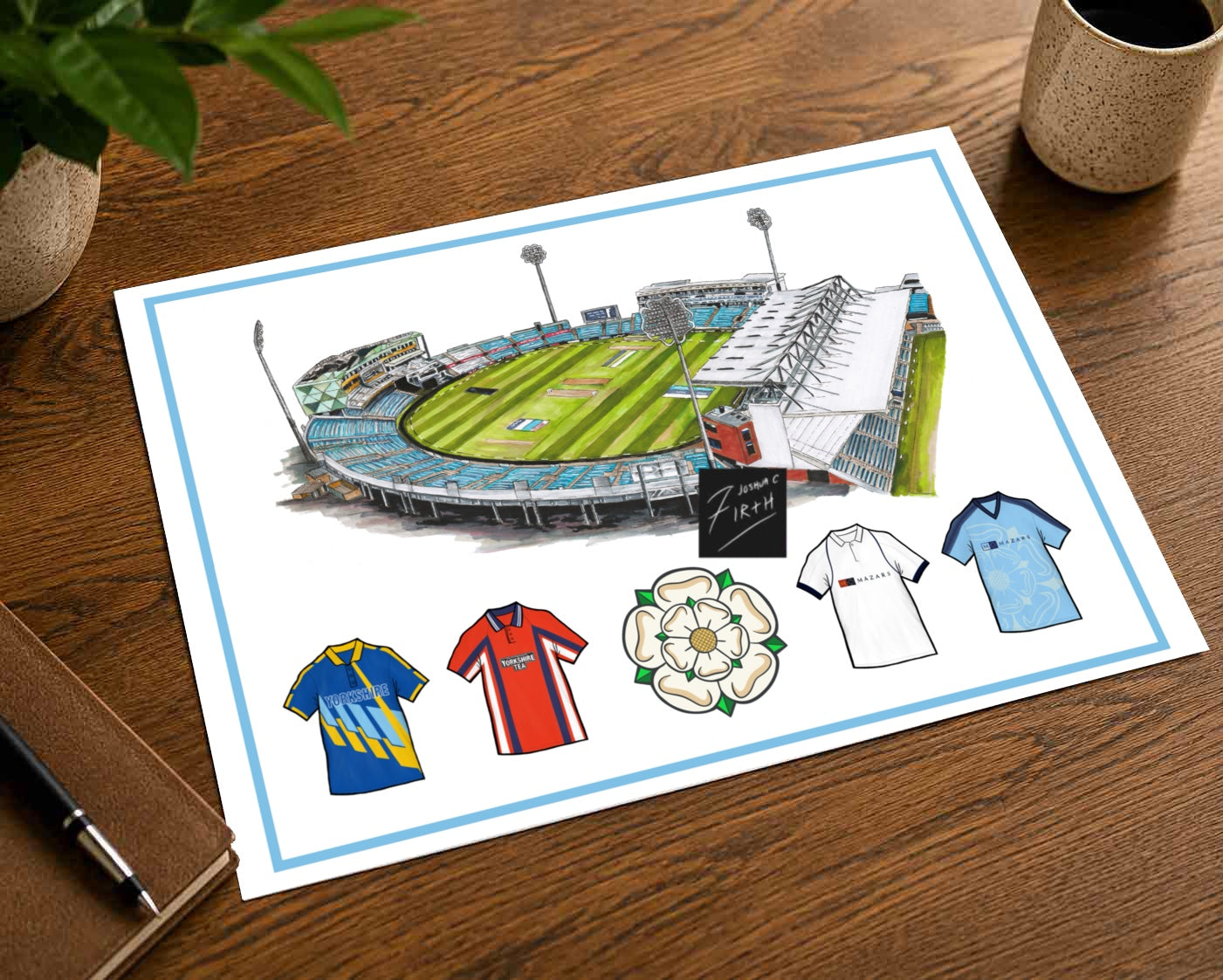 A poster print inspired by the Yorkshire cricket stadium and retro shirts of the past, with a Yorkshire rose at the bottom, classic shirts also at the bottom