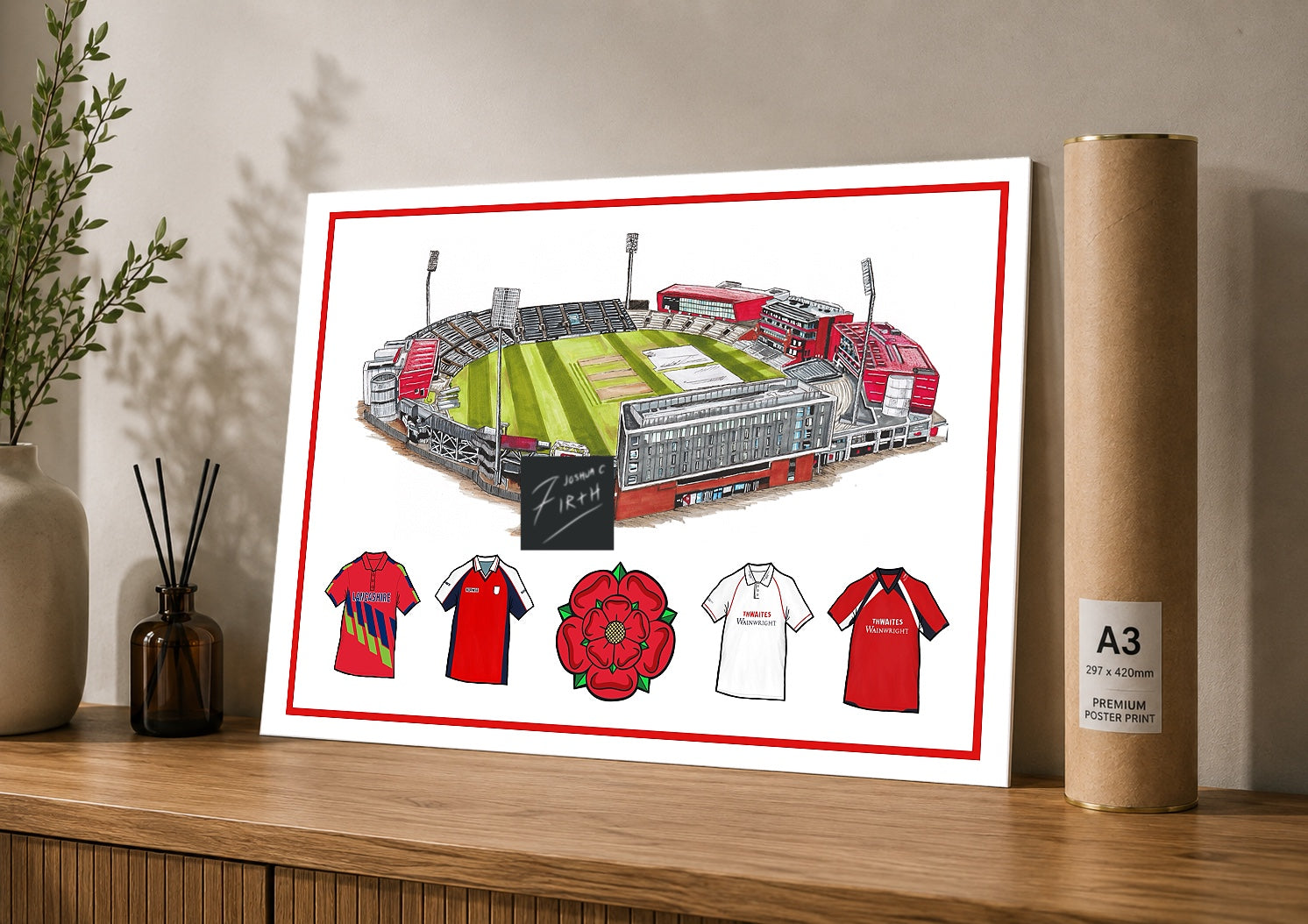 This artwork features a retro cricket theme with old Trafford stadium – home of Lancashire cricket – and the iconic red shirt and Lancashire rose.  These elements are beautifully combined into a single print. 