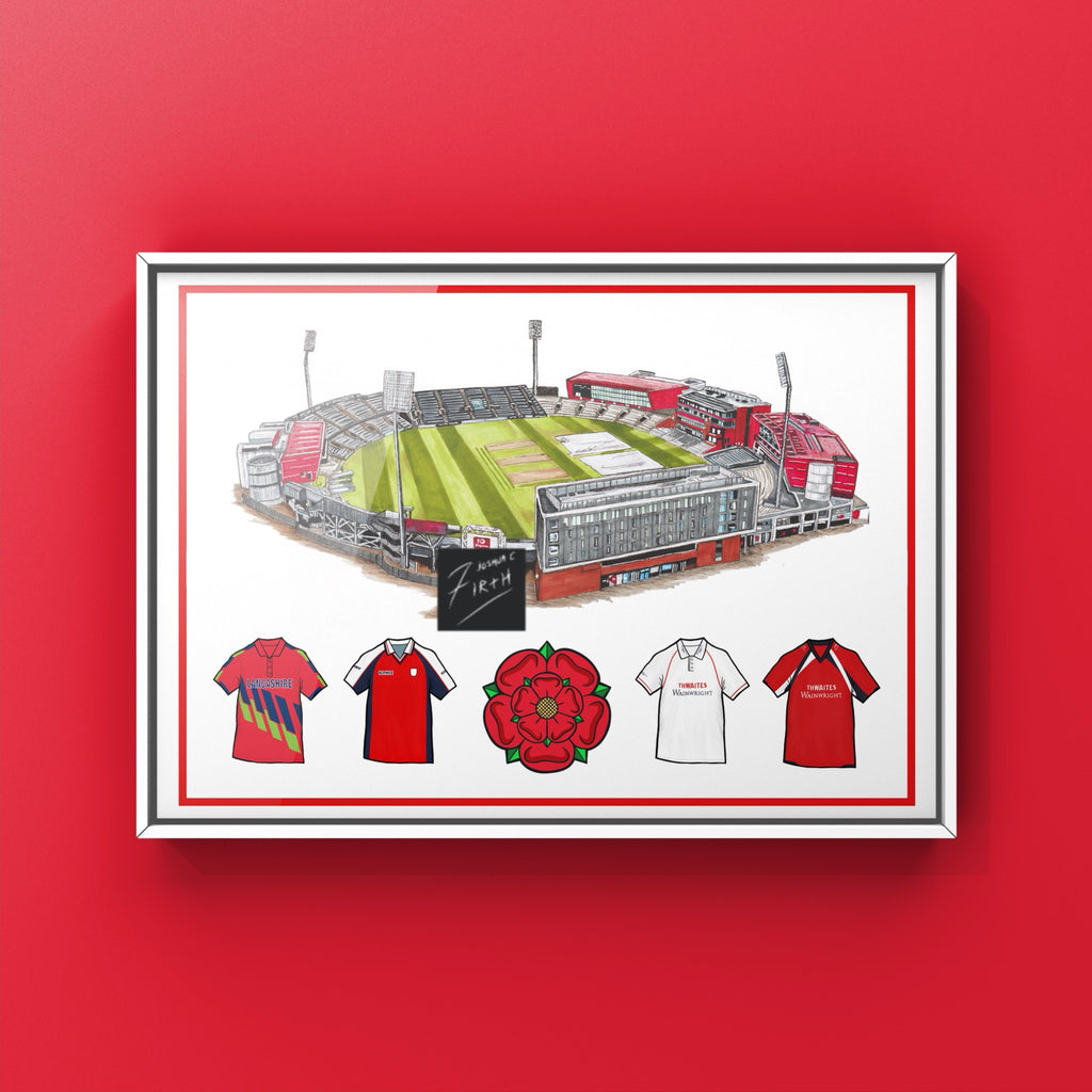 A cricket inspired artwork retro shirts and old Trafford stadium, home of Lancashire cricket, and also the shirts, the famous red shirt and Lancashire rose coming together as one print 