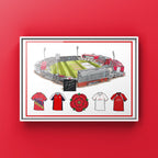 A cricket inspired artwork retro shirts and old Trafford stadium, home of Lancashire cricket, and also the shirts, the famous red shirt and Lancashire rose coming together as one print 