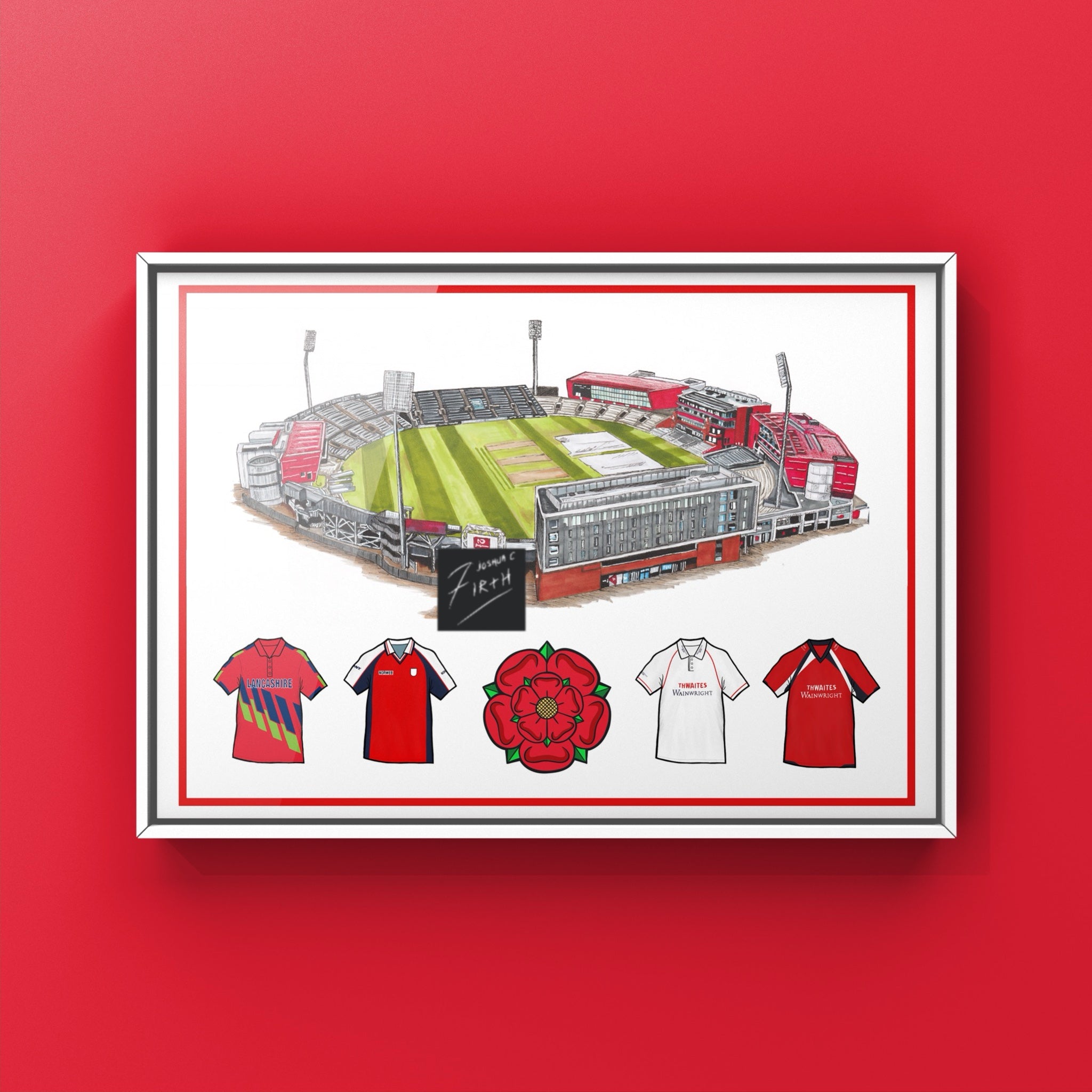 A cricket inspired artwork retro shirts and old Trafford stadium, home of Lancashire cricket, and also the shirts, the famous red shirt and Lancashire rose coming together as one print 