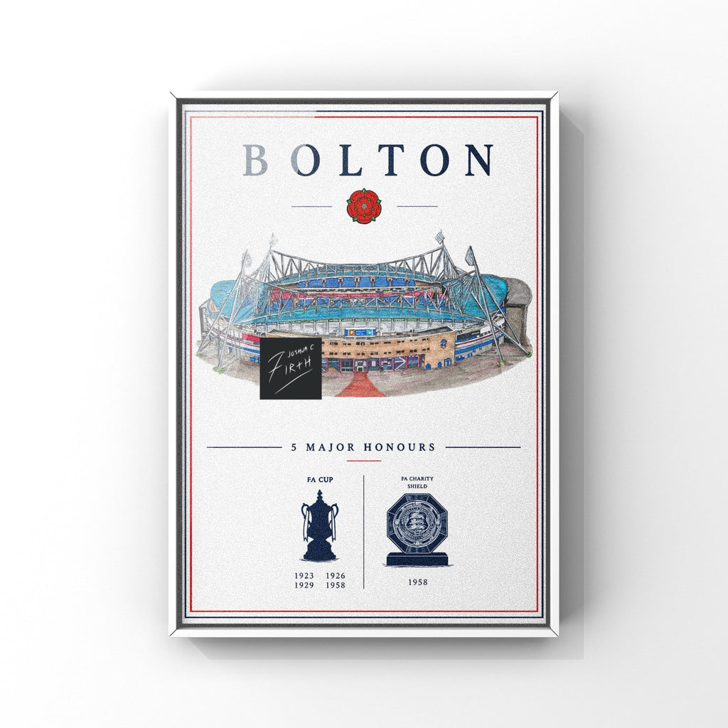 A football print inspired by the Bolton Wanderers success of the past and the current home stadium