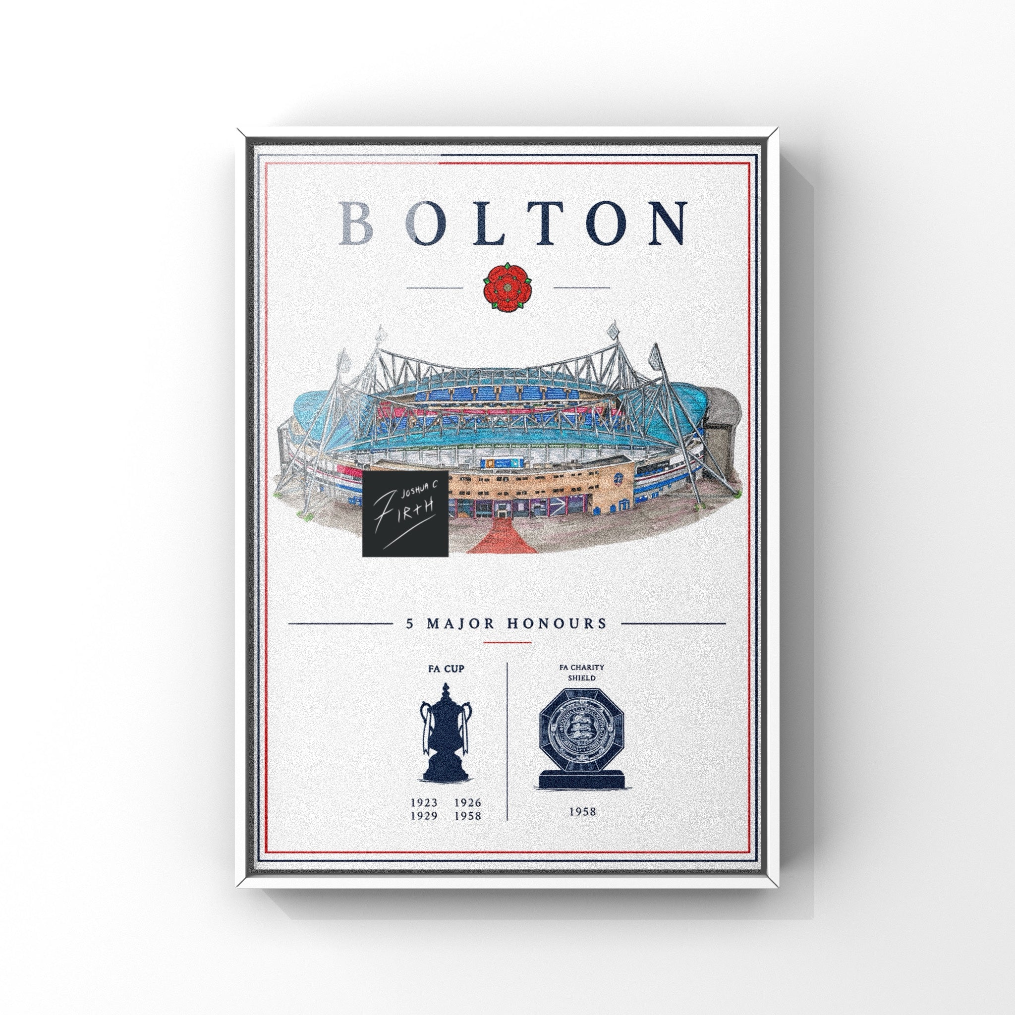 A football print inspired by the Bolton Wanderers success of the past and the current home stadium