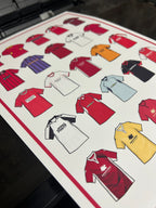Poster artwork inspired by Morecambe FC shirts, featuring a stylized design with bold red and white color elements. The piece incorporates vintage jersey patterns and textures, capturing the proud tradition and rich heritage of Morecambe Football Club. It blends classic elements with a sharp, contemporary aesthetic that celebrates the enduring spirit of the Shrimps and the club’s historic legacy at the Mazuma Stadium