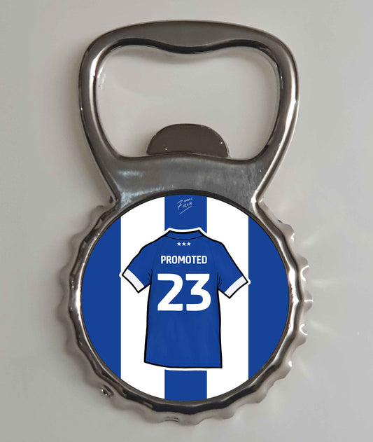 A metal bottle opener which celebrates the promotion of Ipswich Town back to the championship in the 22/23 season