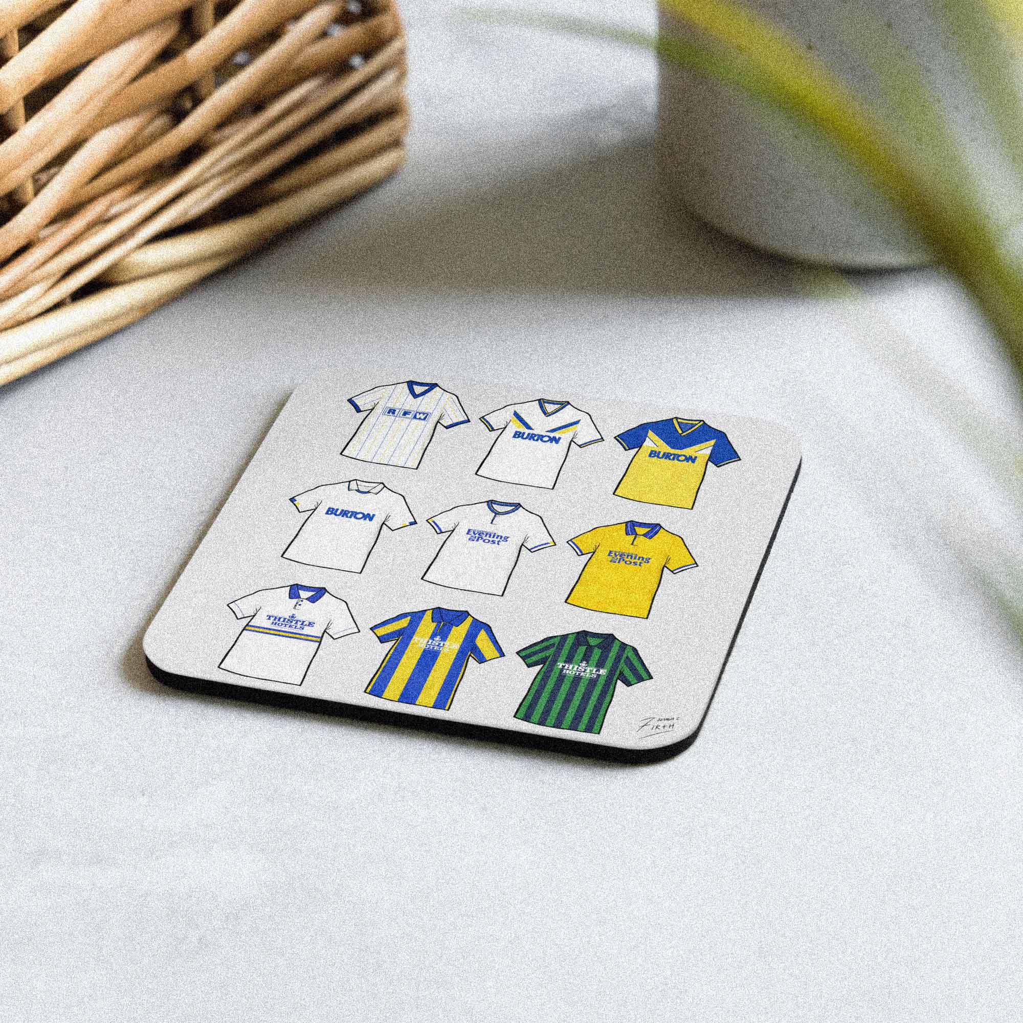 Leeds United retro football shirt collage coaster, handmade cork-backed gift for Gers fans and home decor.