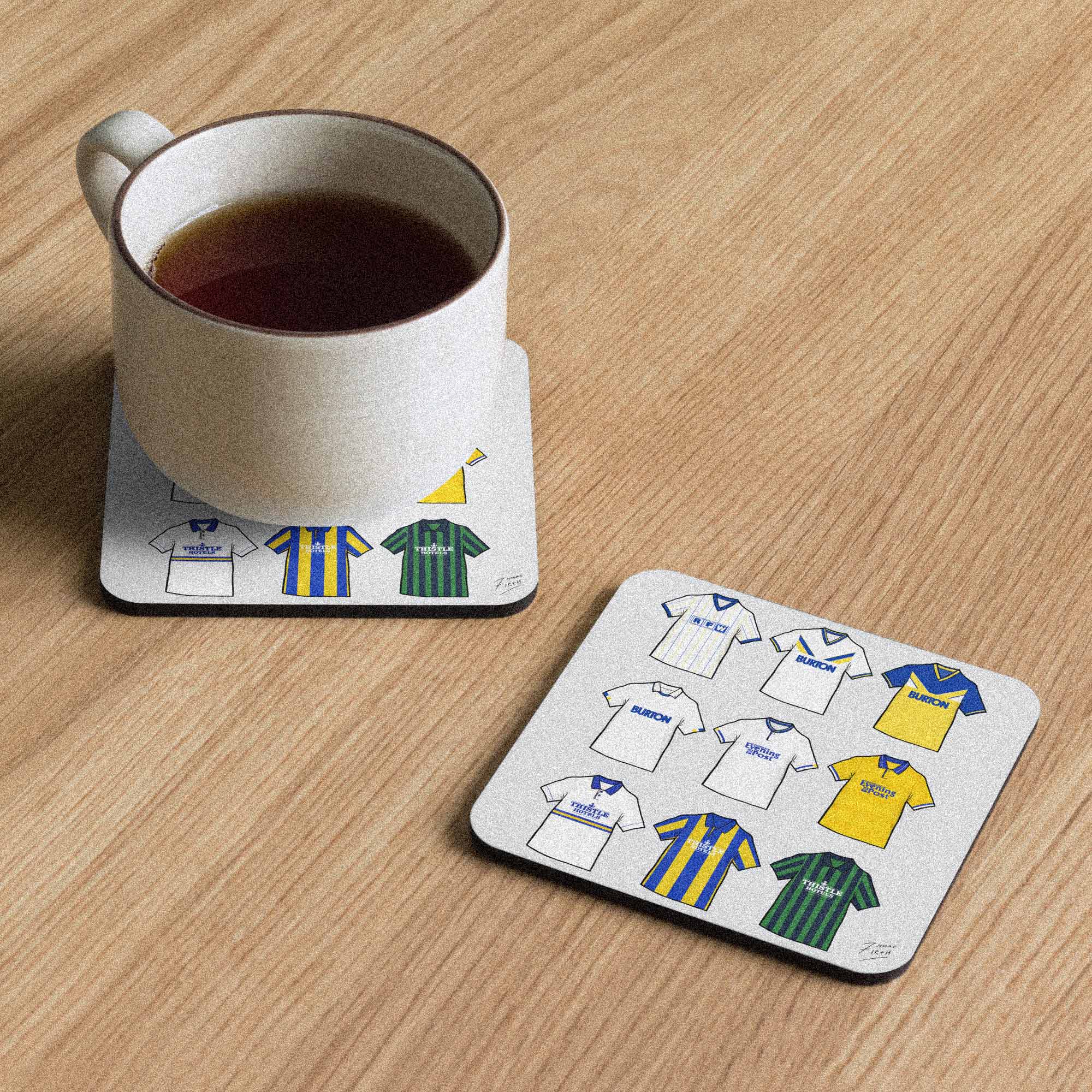 Leeds United retro football shirt collage coaster, handmade cork-backed gift for Gers fans and home decor.
