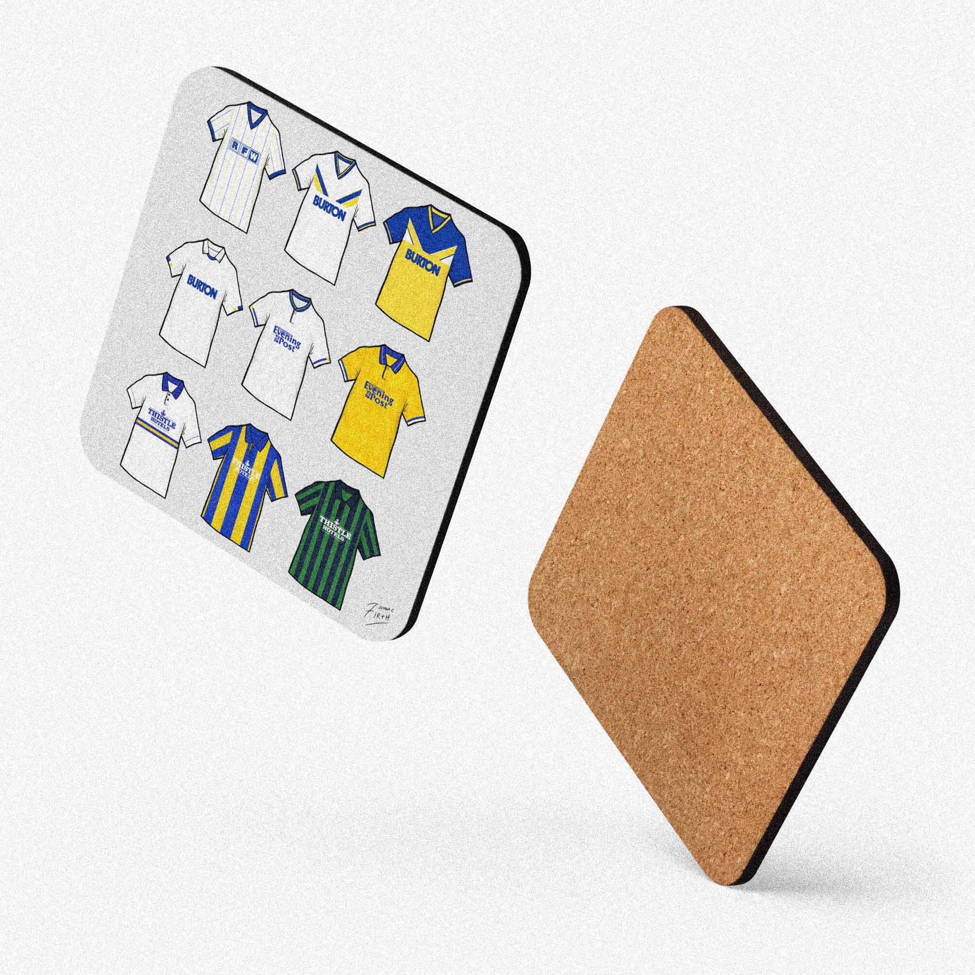 Leeds United retro football shirt collage coaster, handmade cork-backed gift for Gers fans and home decor.