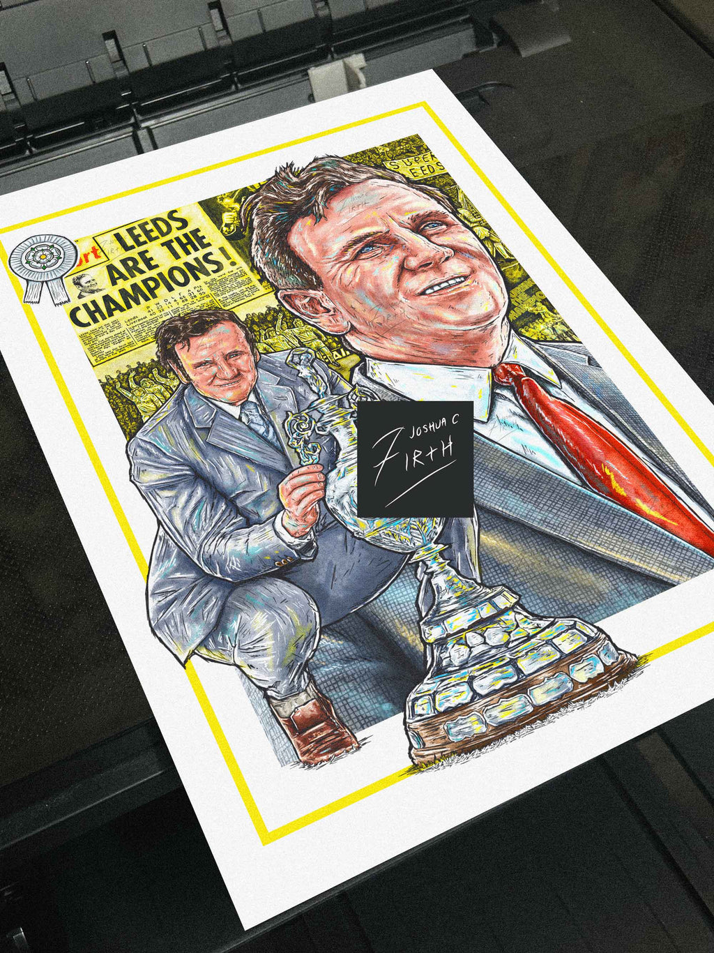 Artwork of Don Revie celebrating Leeds United's 1974 First Division title win. The piece captures Revie in a moment of triumph, dressed in Leeds United colors, surrounded by symbolic elements of the club's historic season as champions of England.