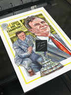Artwork of Don Revie celebrating Leeds United's 1974 First Division title win. The piece captures Revie in a moment of triumph, dressed in Leeds United colors, surrounded by symbolic elements of the club's historic season as champions of England.