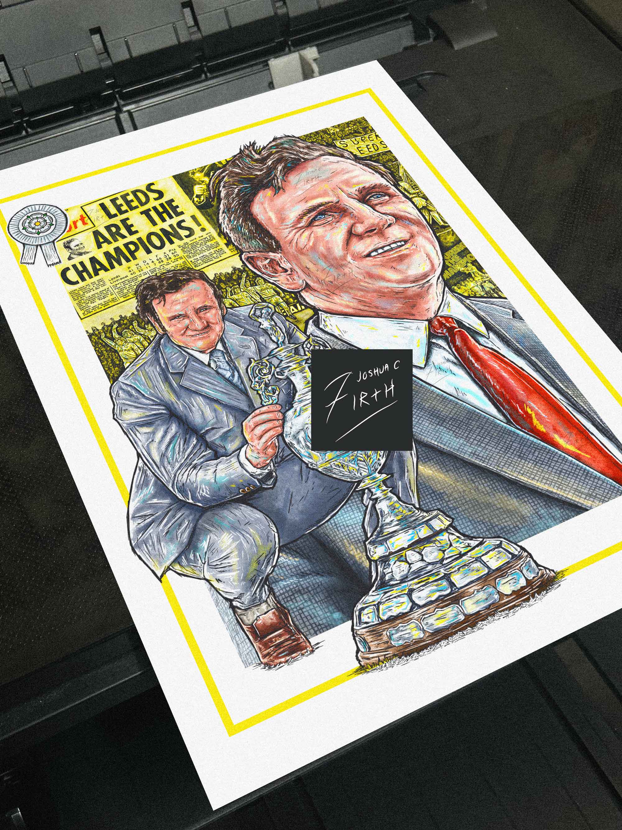 Artwork of Don Revie celebrating Leeds United's 1974 First Division title win. The piece captures Revie in a moment of triumph, dressed in Leeds United colors, surrounded by symbolic elements of the club's historic season as champions of England.