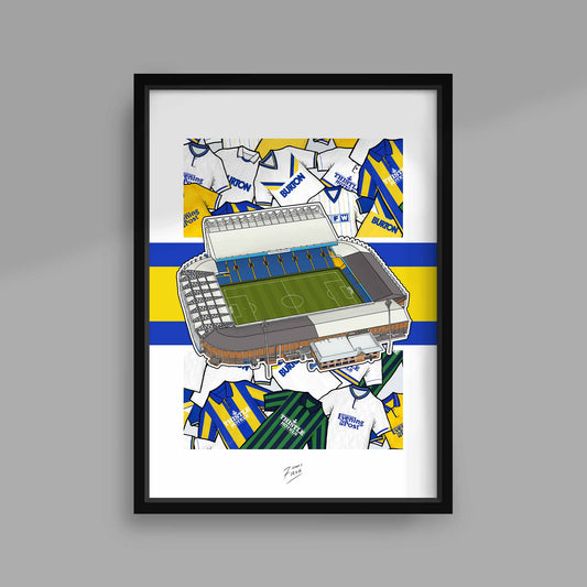 Illustrated artwork of Leeds United's home ground, Elland Road Stadium. With some iconic shirts behind it!
