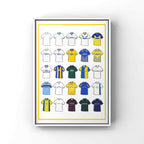 Poster artwork inspired by Leeds United football shirts, featuring a stylized design with bold white, yellow & blue color elements, complemented by subtle blue detailing. The piece incorporates vintage jersey patterns and textures, capturing the proud tradition and storied heritage of Leeds United. It blends classic elements with a sharp, contemporary aesthetic that reflects the enduring spirit of the club and its supporters. Marching on Together!
