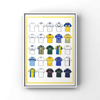 Poster artwork inspired by Leeds United football shirts, featuring a stylized design with bold white, yellow & blue color elements, complemented by subtle blue detailing. The piece incorporates vintage jersey patterns and textures, capturing the proud tradition and storied heritage of Leeds United. It blends classic elements with a sharp, contemporary aesthetic that reflects the enduring spirit of the club and its supporters. Marching on Together!