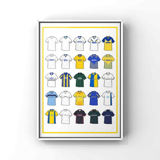 Poster artwork inspired by Leeds United football shirts, featuring a stylized design with bold white, yellow & blue color elements, complemented by subtle blue detailing. The piece incorporates vintage jersey patterns and textures, capturing the proud tradition and storied heritage of Leeds United. It blends classic elements with a sharp, contemporary aesthetic that reflects the enduring spirit of the club and its supporters. Marching on Together!