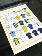 Poster artwork inspired by Leeds United football shirts, featuring a stylized design with bold white, yellow & blue color elements, complemented by subtle blue detailing. The piece incorporates vintage jersey patterns and textures, capturing the proud tradition and storied heritage of Leeds United. It blends classic elements with a sharp, contemporary aesthetic that reflects the enduring spirit of the club and its supporters. Marching on Together!