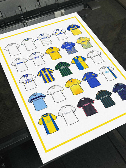 Poster artwork inspired by Leeds United football shirts, featuring a stylized design with bold white, yellow & blue color elements, complemented by subtle blue detailing. The piece incorporates vintage jersey patterns and textures, capturing the proud tradition and storied heritage of Leeds United. It blends classic elements with a sharp, contemporary aesthetic that reflects the enduring spirit of the club and its supporters. Marching on Together!