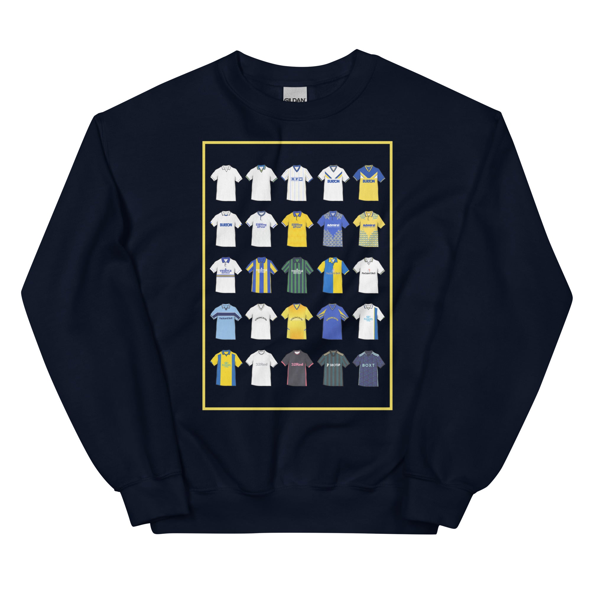 Retro-style Leeds United inspired sweatshirt made from a 50/50 cotton-polyester blend, featuring a pre-shrunk classic fit with soft air-jet spun yarn. Includes a 1x1 athletic rib knit collar with spandex and durable double-needle stitching on the collar, shoulders, armholes, cuffs, and hem.
