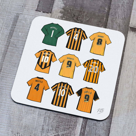 Hull City themed coaster, legends of the tigers. Features shirts of Boaz Myhill, Ian Ashbee, Nick Barmby, Robert Koren, Dean Windass, Jarrod Bowen, Justin Whittle, Geovanni, Abel Hernandez