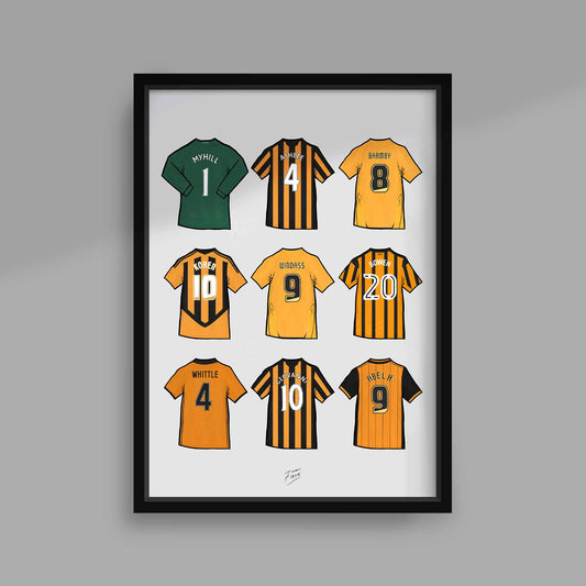 Hull City themed football poster featuring some of the best players in their history shirts. Boaz Myhill, Ian Ashbee, Nick Barmby, Robert Karen, Dean Windass, Jarrod Bowen, Justin Whittle, Geovanni & Abel Hernandez.