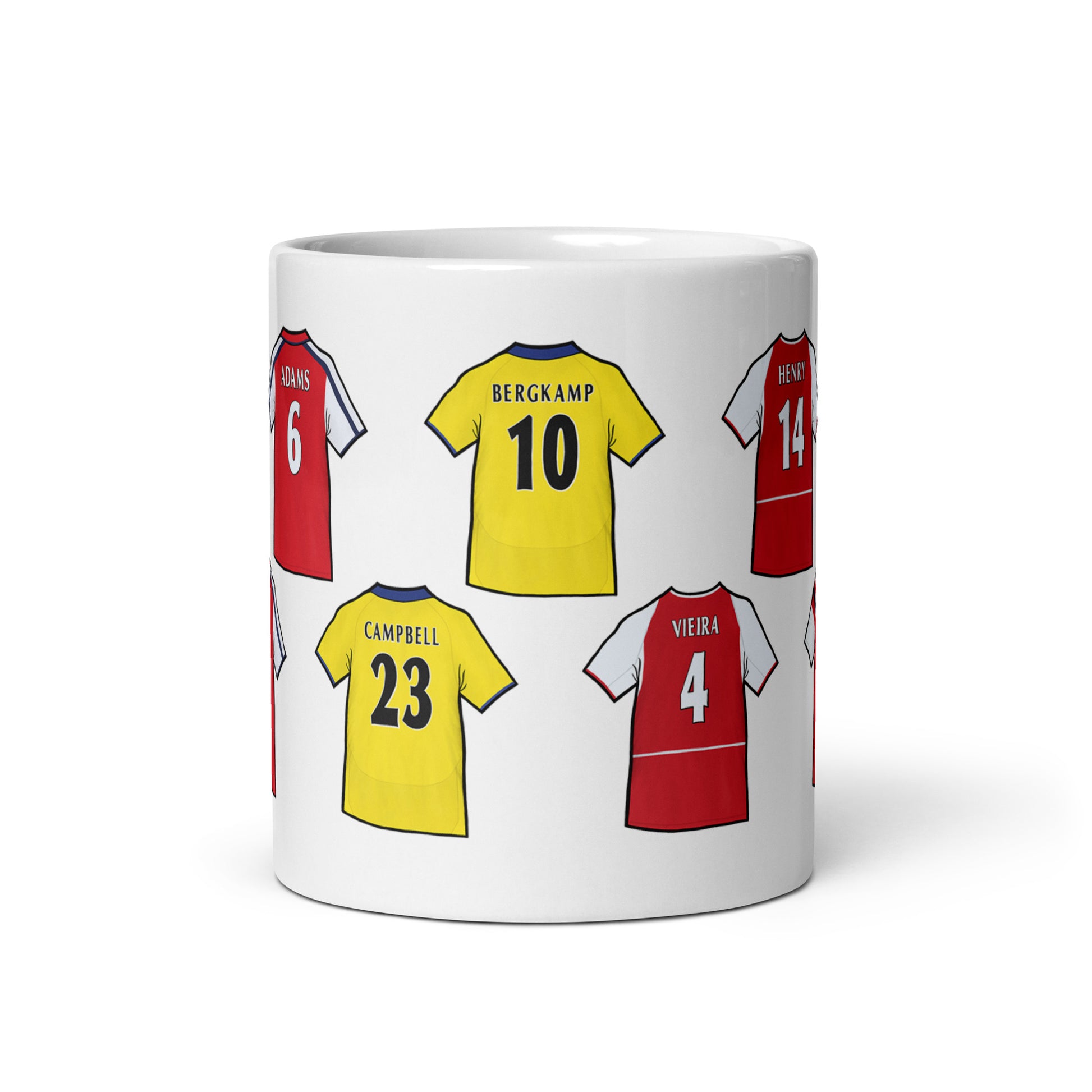 Mug featuring artwork of the shirts of legendary players to have played for Arsenal football club