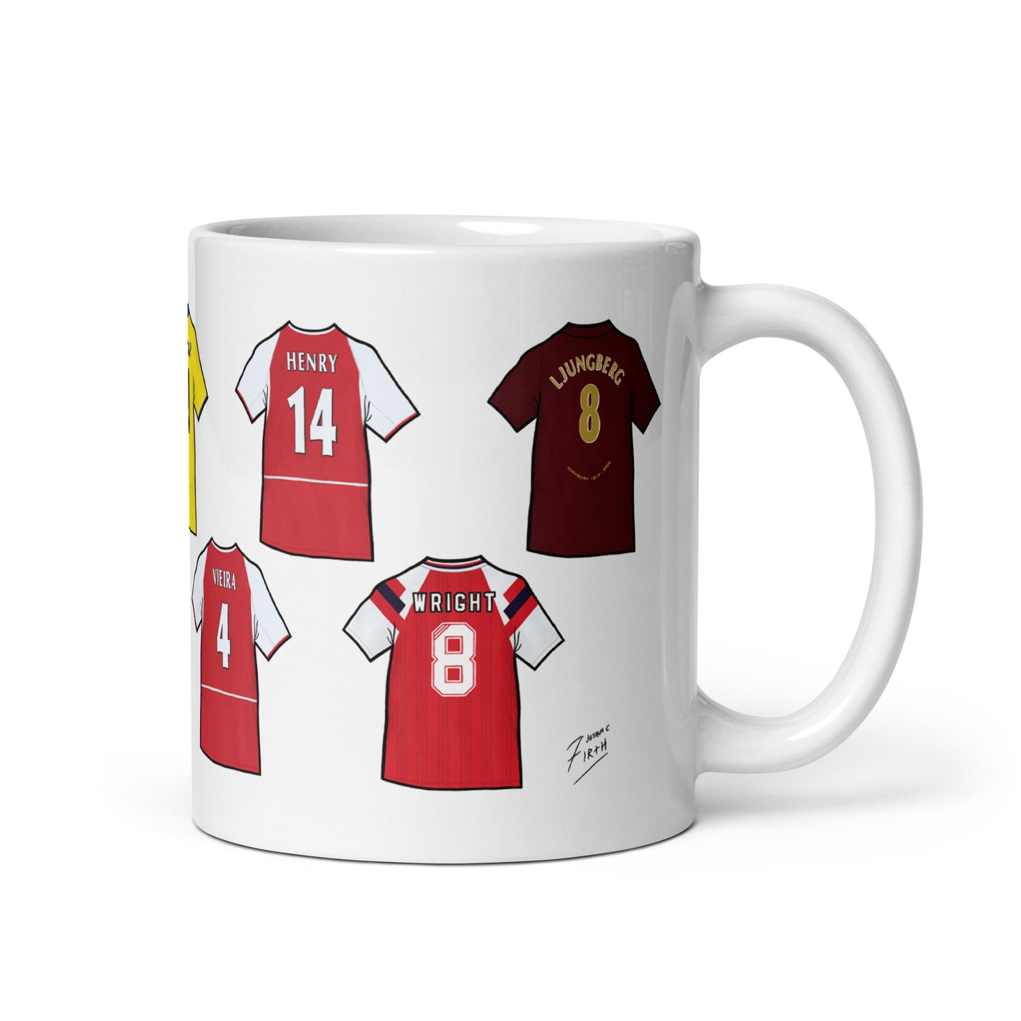 Mug featuring artwork of the shirts of legendary players to have played for Arsenal football club