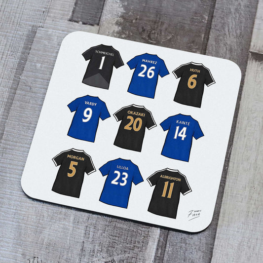 Football coaster featuring artwork inspired by Leicester City players from that special 2015/16 title winning season!