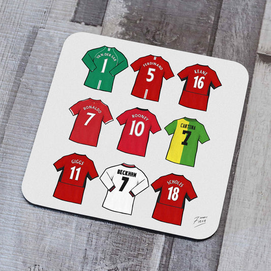 Manchester United themed coaster featuring artwork of some of the greatest legends in their football history