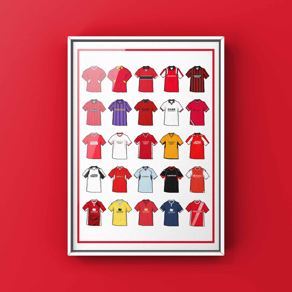 Poster artwork inspired by Morecambe FC shirts, featuring a stylized design with bold red and white color elements. The piece incorporates vintage jersey patterns and textures, capturing the proud tradition and rich heritage of Morecambe Football Club. It blends classic elements with a sharp, contemporary aesthetic that celebrates the enduring spirit of the Shrimps and the club’s historic legacy at the Mazuma Stadium