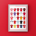 Poster artwork inspired by Morecambe FC shirts, featuring a stylized design with bold red and white color elements. The piece incorporates vintage jersey patterns and textures, capturing the proud tradition and rich heritage of Morecambe Football Club. It blends classic elements with a sharp, contemporary aesthetic that celebrates the enduring spirit of the Shrimps and the club’s historic legacy at the Mazuma Stadium