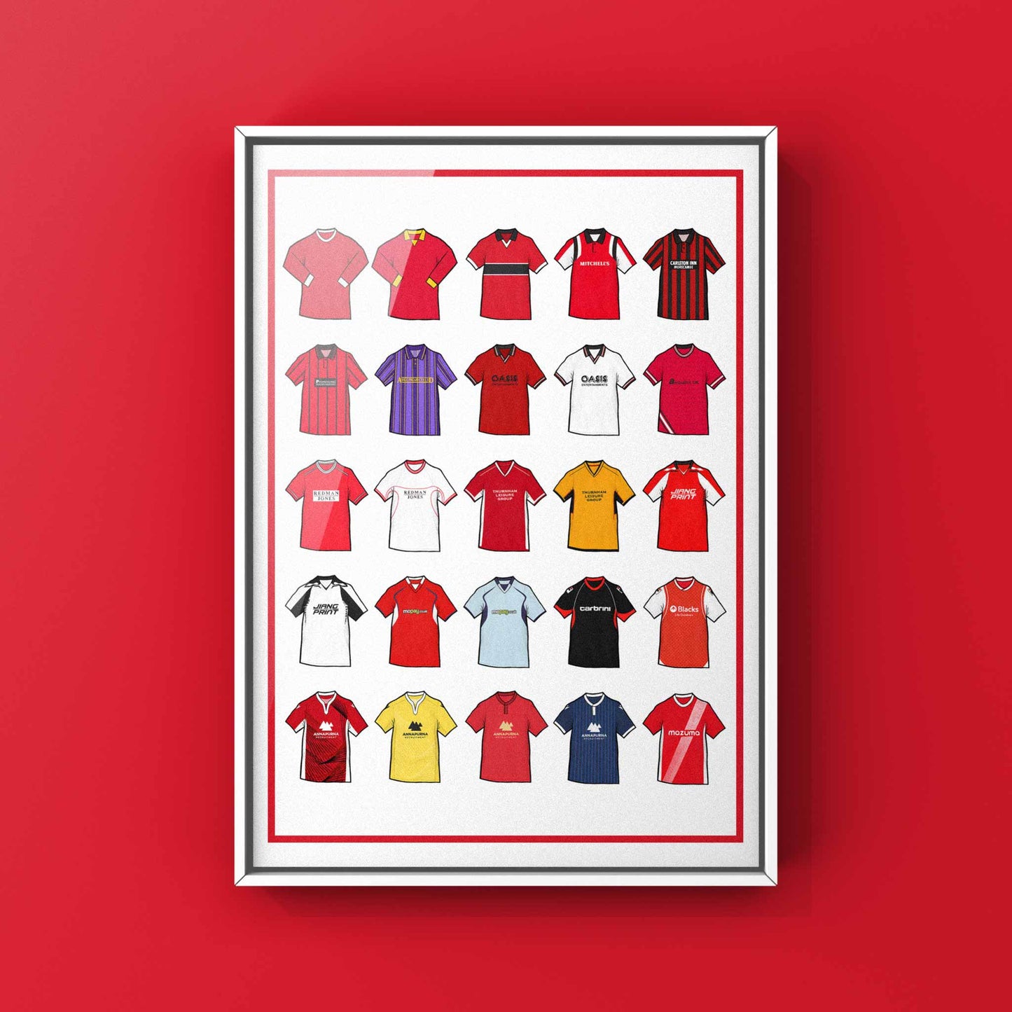 Poster artwork inspired by Morecambe FC shirts, featuring a stylized design with bold red and white color elements. The piece incorporates vintage jersey patterns and textures, capturing the proud tradition and rich heritage of Morecambe Football Club. It blends classic elements with a sharp, contemporary aesthetic that celebrates the enduring spirit of the Shrimps and the club’s historic legacy at the Mazuma Stadium