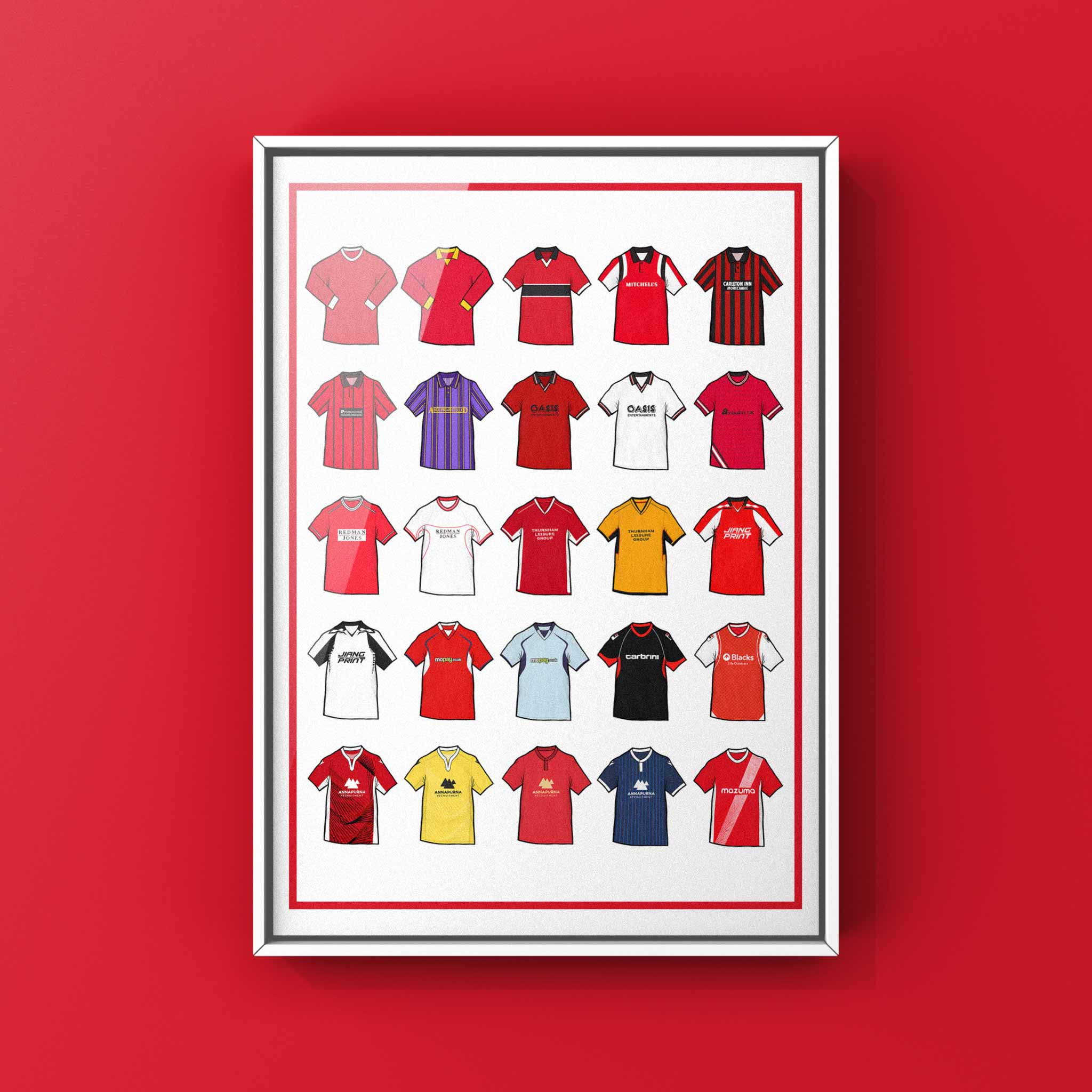 Poster artwork inspired by Morecambe FC shirts, featuring a stylized design with bold red and white color elements. The piece incorporates vintage jersey patterns and textures, capturing the proud tradition and rich heritage of Morecambe Football Club. It blends classic elements with a sharp, contemporary aesthetic that celebrates the enduring spirit of the Shrimps and the club’s historic legacy at the Mazuma Stadium
