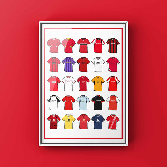 Poster artwork inspired by Morecambe FC shirts, featuring a stylized design with bold red and white color elements. The piece incorporates vintage jersey patterns and textures, capturing the proud tradition and rich heritage of Morecambe Football Club. It blends classic elements with a sharp, contemporary aesthetic that celebrates the enduring spirit of the Shrimps and the club’s historic legacy at the Mazuma Stadium