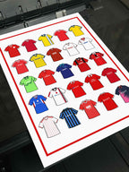 Nottingham Forest Retro Shirts Art Print as a poster, featuring 25 hand-drawn classic football shirts, showcasing the club’s iconic kits through the years