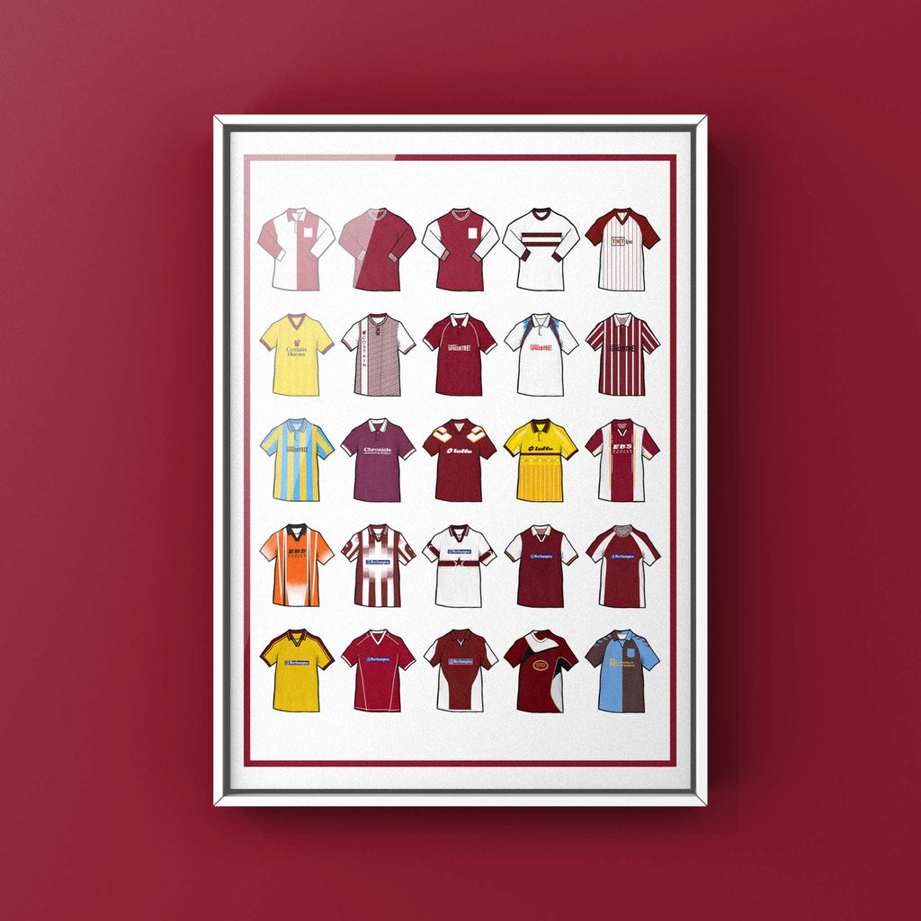 Poster artwork inspired by Northampton Town FC shirts, featuring a stylized design with bold claret and white elements. The piece showcases 25 hand-drawn retro shirts, incorporating vintage jersey patterns and textures that reflect the proud tradition and rich heritage of Northampton Town Football Club. It blends classic elements with a sharp, contemporary aesthetic, celebrating the enduring spirit of the Cobblers and the club’s historic legacy at Sixfields Stadium and the County Ground.