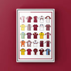 Poster artwork inspired by Northampton Town FC shirts, featuring a stylized design with bold claret and white elements. The piece showcases 25 hand-drawn retro shirts, incorporating vintage jersey patterns and textures that reflect the proud tradition and rich heritage of Northampton Town Football Club. It blends classic elements with a sharp, contemporary aesthetic, celebrating the enduring spirit of the Cobblers and the club’s historic legacy at Sixfields Stadium and the County Ground.
