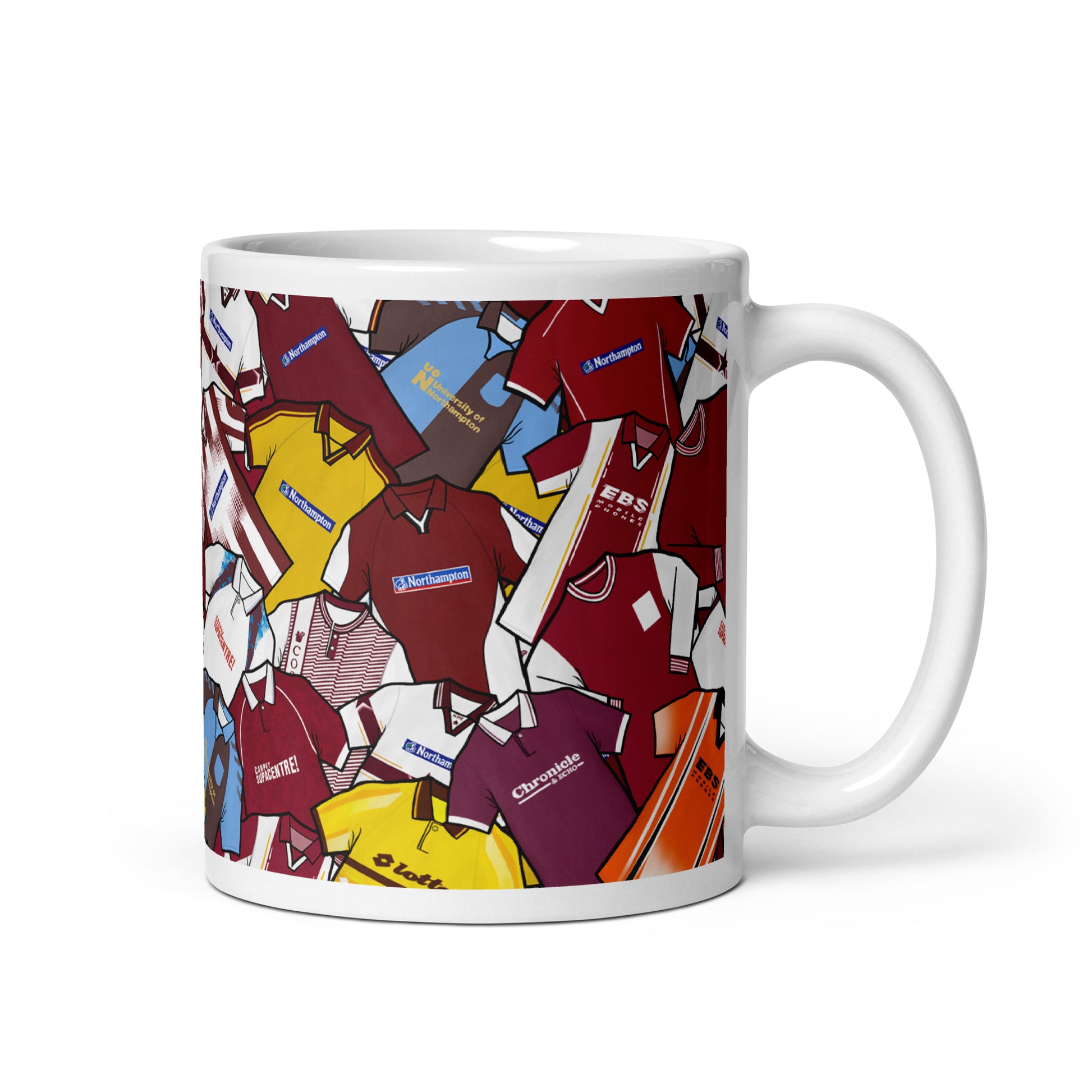 Northampton Town football shirt collage mug – handcrafted ceramic mug featuring classic Northampton kits in a colourful wraparound design