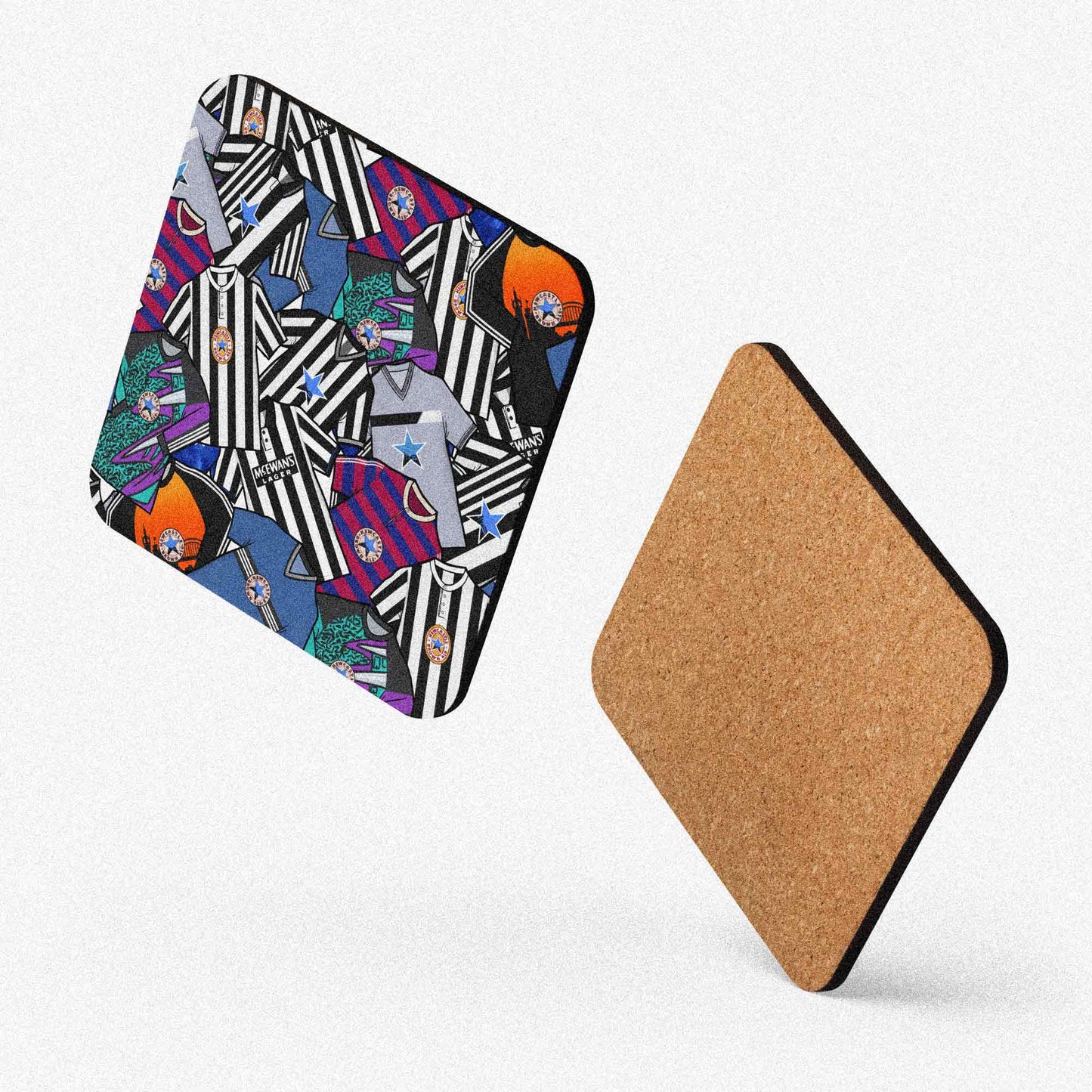 Newcastle retro football shirt collage coaster, handmade cork-backed gift for Newcastle United fans and home decor.