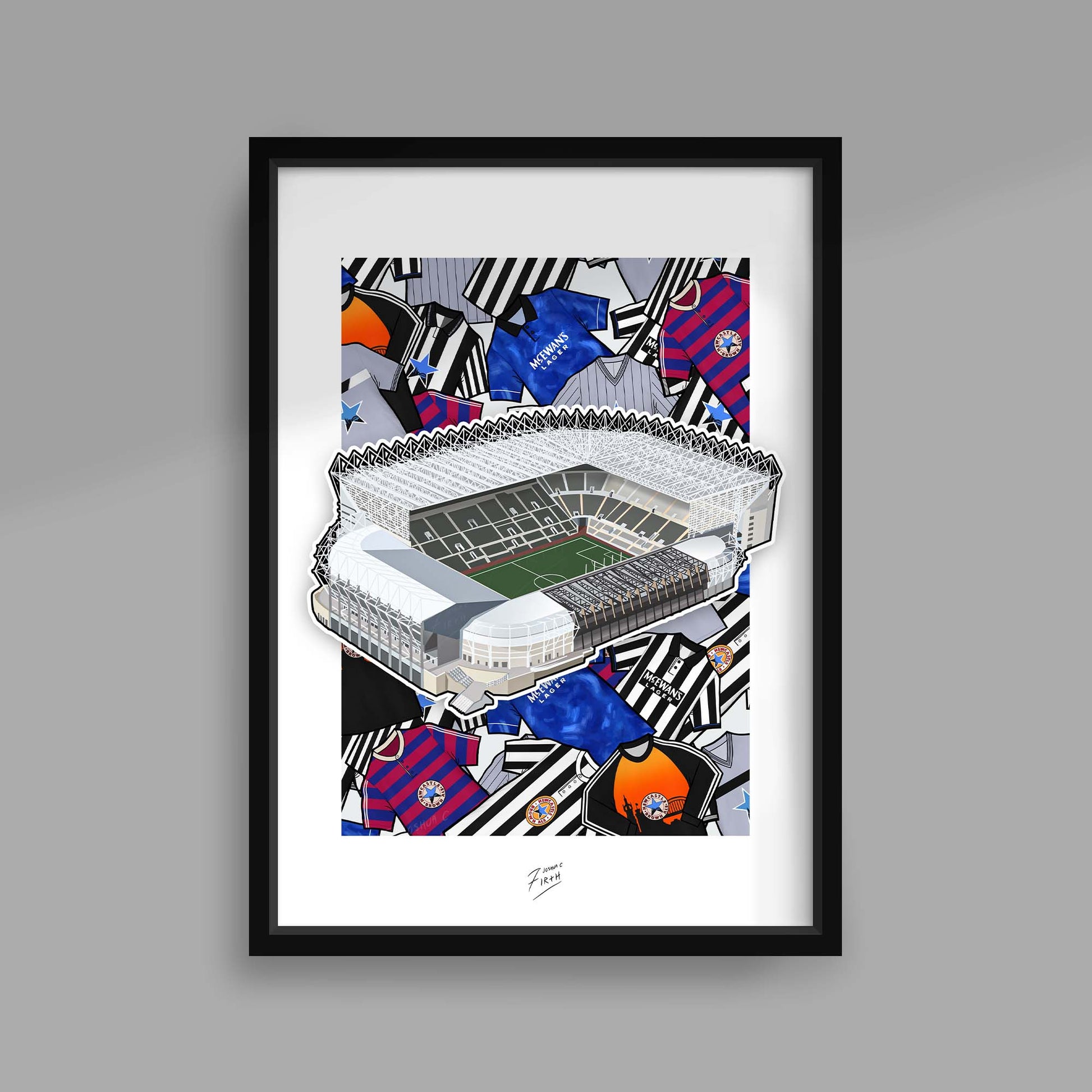 A poster print inspired by the famous St James Park, the home of Newcastle United Football Club, with iconic retro shirts behind it
