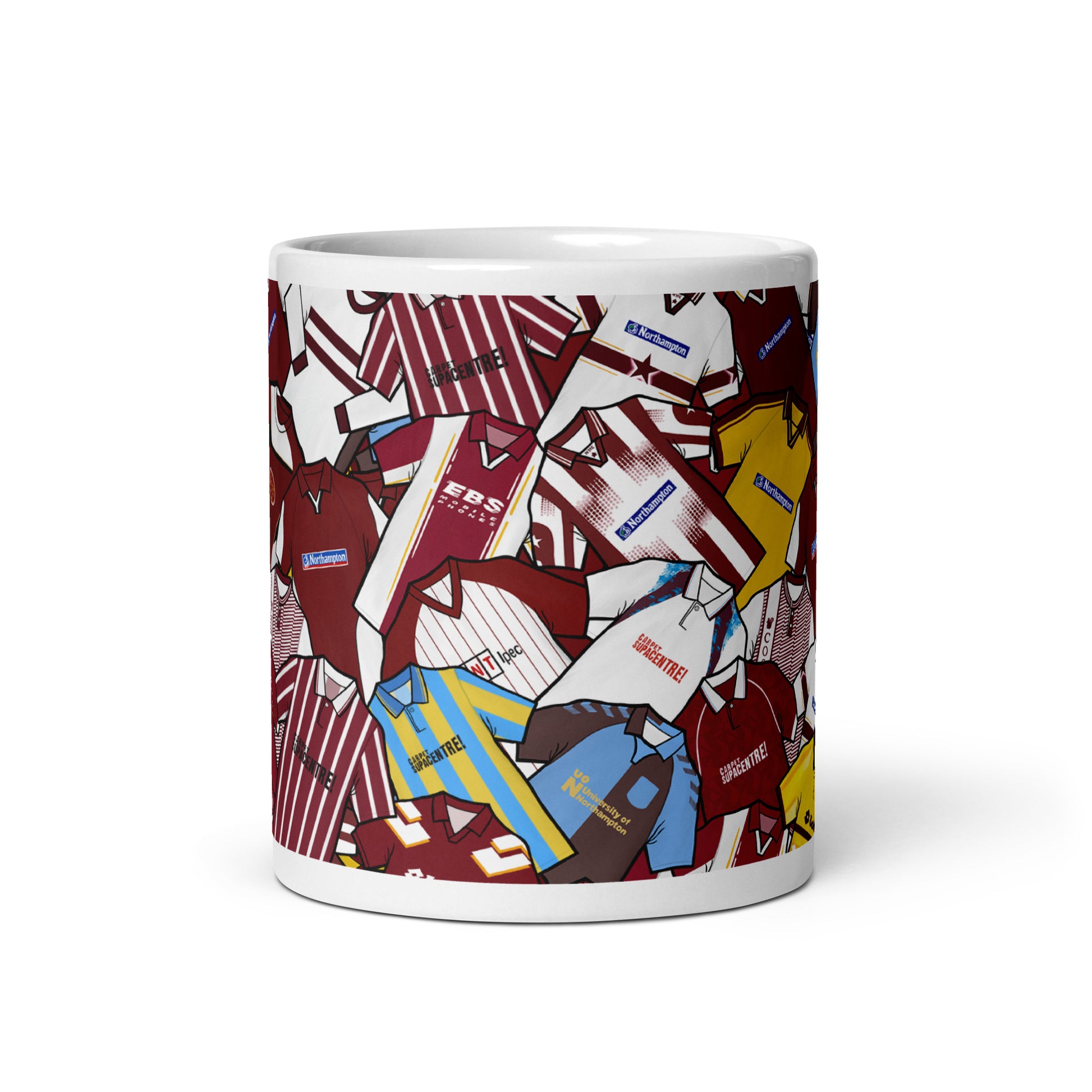 Northampton Town football shirt collage mug – handcrafted ceramic mug featuring classic Northampton kits in a colourful wraparound design