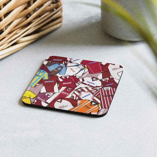 Northampton retro football shirt collage coaster, handmade cork-backed gift for Northampton Town fans and home decor.