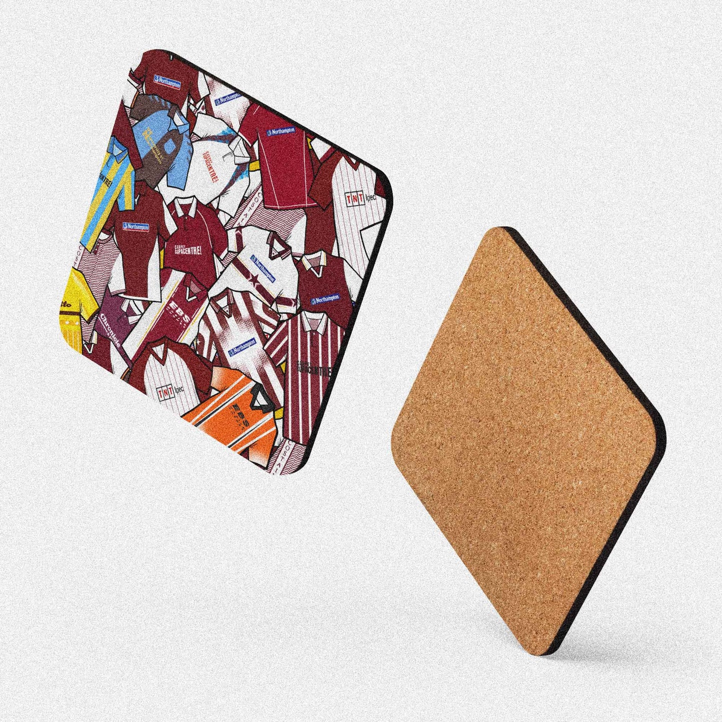 Northampton retro football shirt collage coaster, handmade cork-backed gift for Northampton Town fans and home decor.