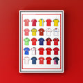 Nottingham Forest Retro Shirts Art Print featuring 25 hand-drawn classic football shirts, showcasing the club’s iconic kits through the years
